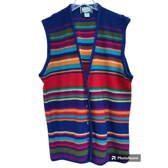 Vintage Striped Sweater Vest 20 Cardigan Rainbow Stretchy Maximalist Capsule - Picture 1 of 6